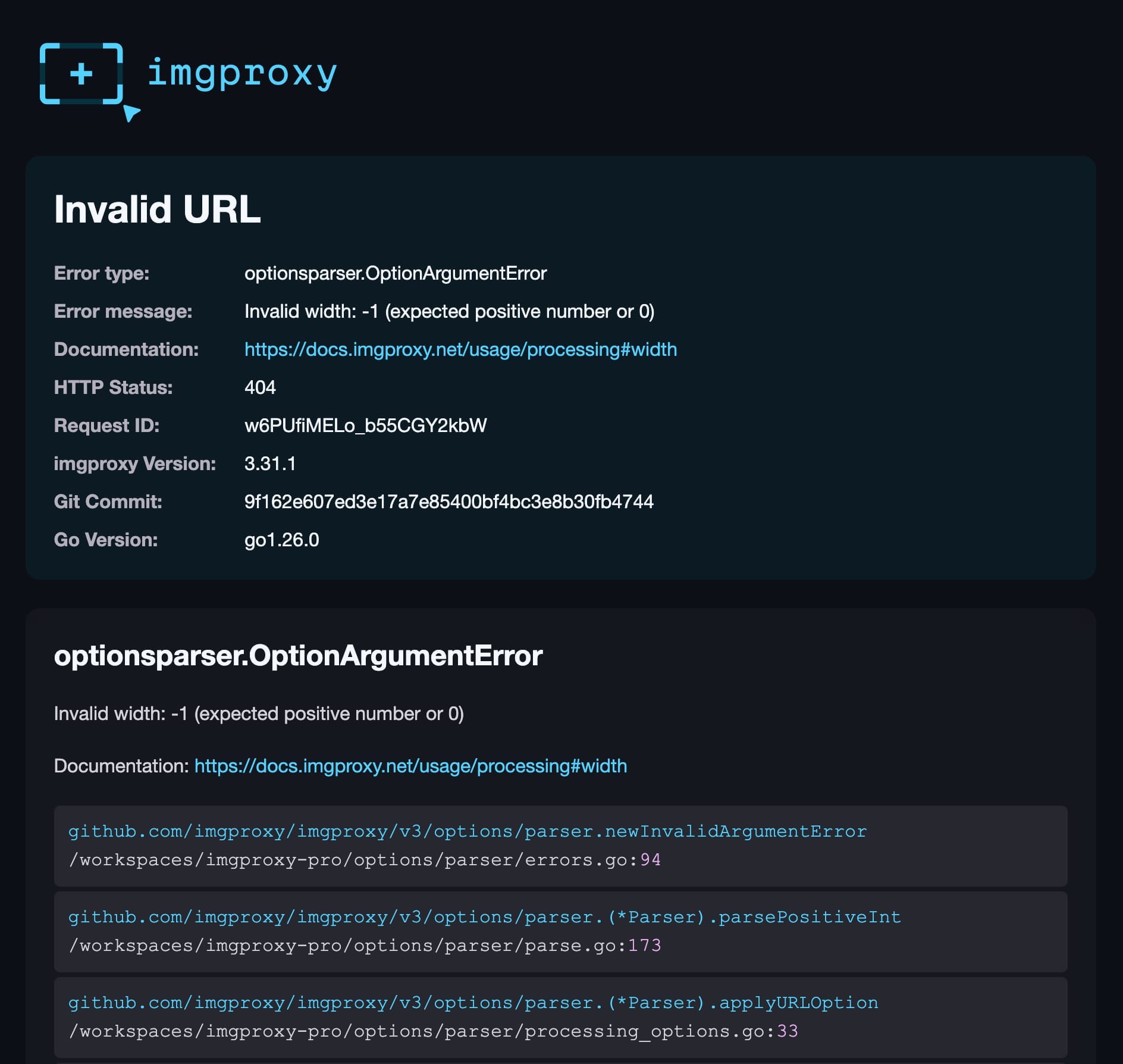 Example of imgproxy v4 development error page