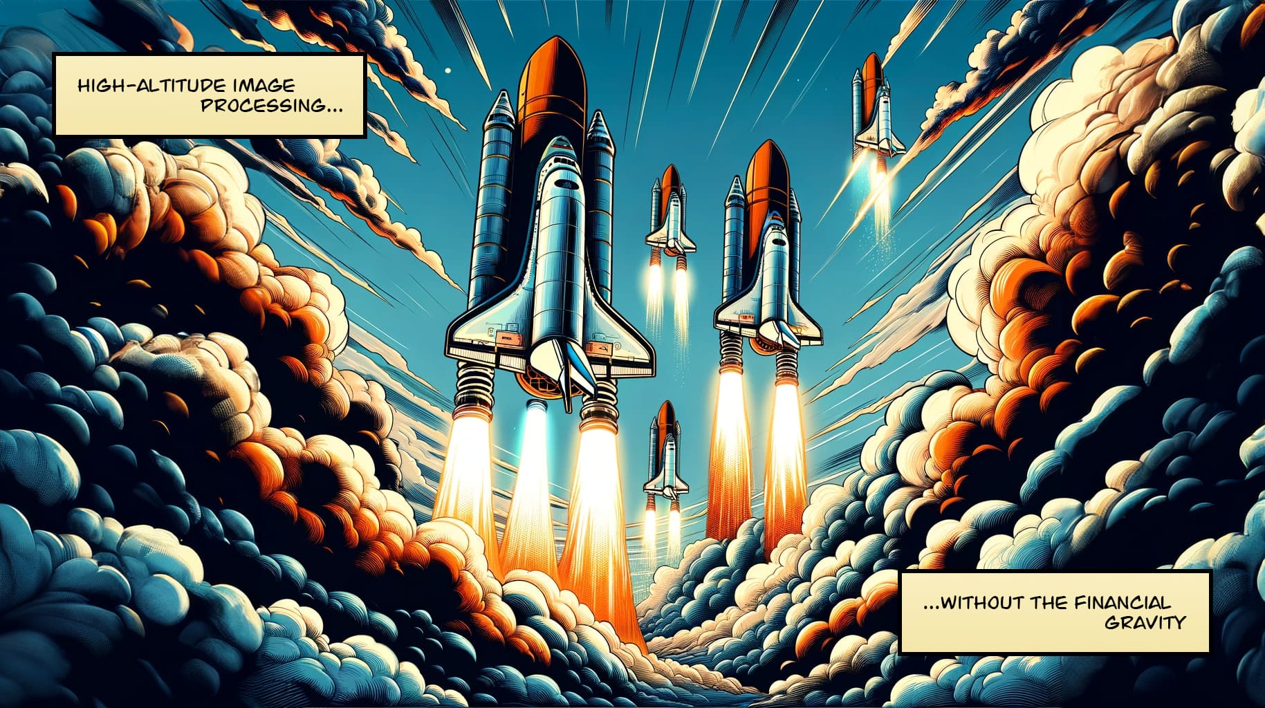 Multiple space shuttles flying up above clouds